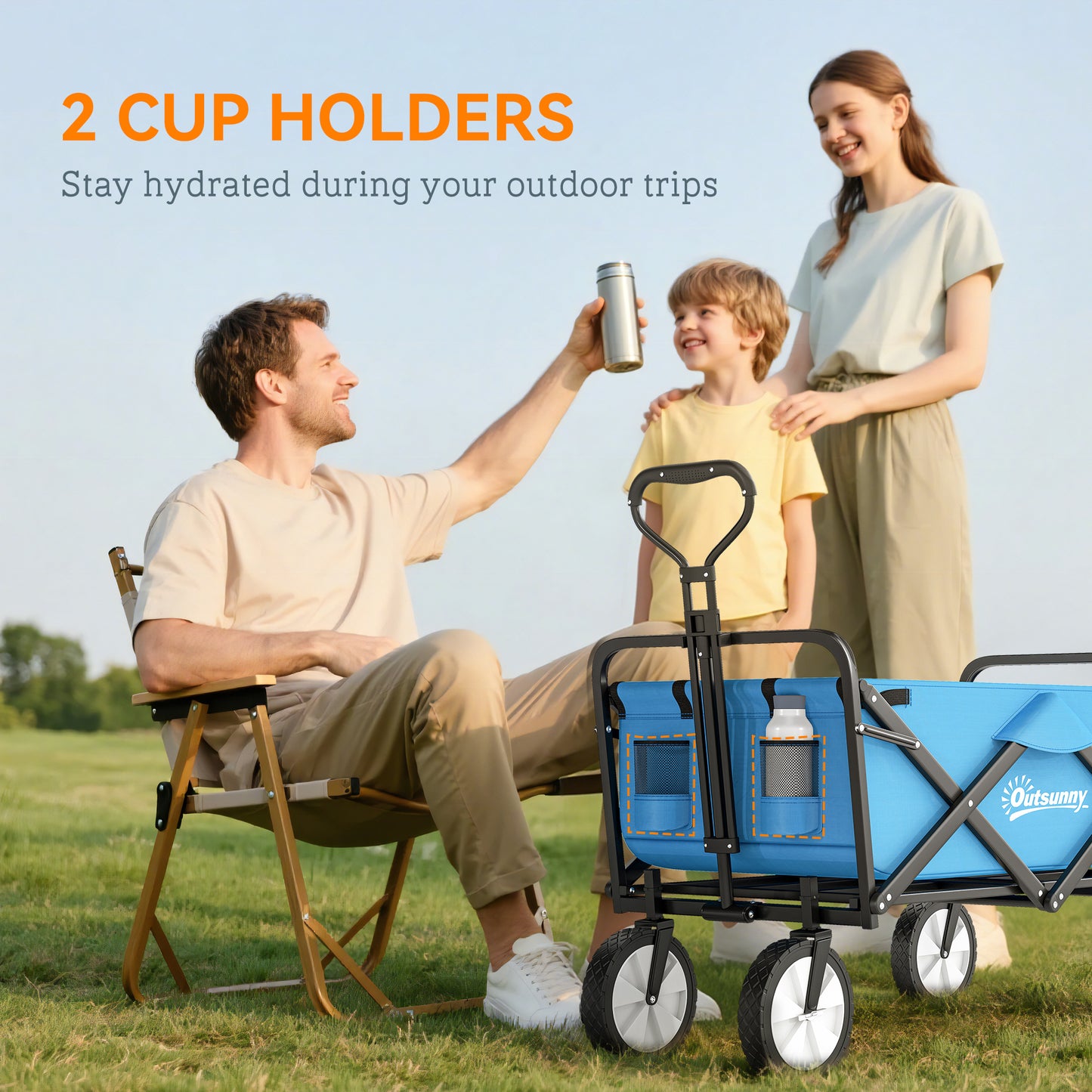 Outsunny 135L Festival Trolley on Wheels, Folding Wagon Camping Trolley Cart with Adjustable Handle, Dual Brakes, Portable Wagon Cart for Outdoor, Garden, Shopping, Fishing, Blue