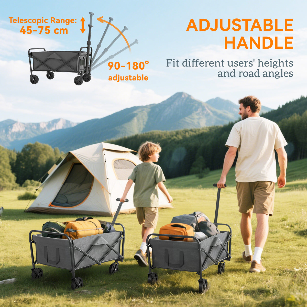 Outsunny 93L Festival Trolley on Wheels, Garden Folding Trolley Cart, 120kg Heavy Duty Collapsible Folding Wagon with Adjustable Handle and Carrying Bag for Beach, Camping, Festival, Grey
