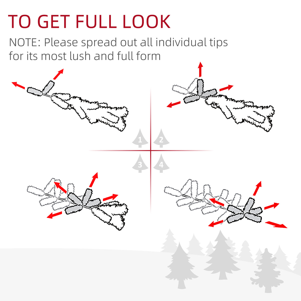 Christmas tree branch diagram showing how to spread tips for a fuller shape