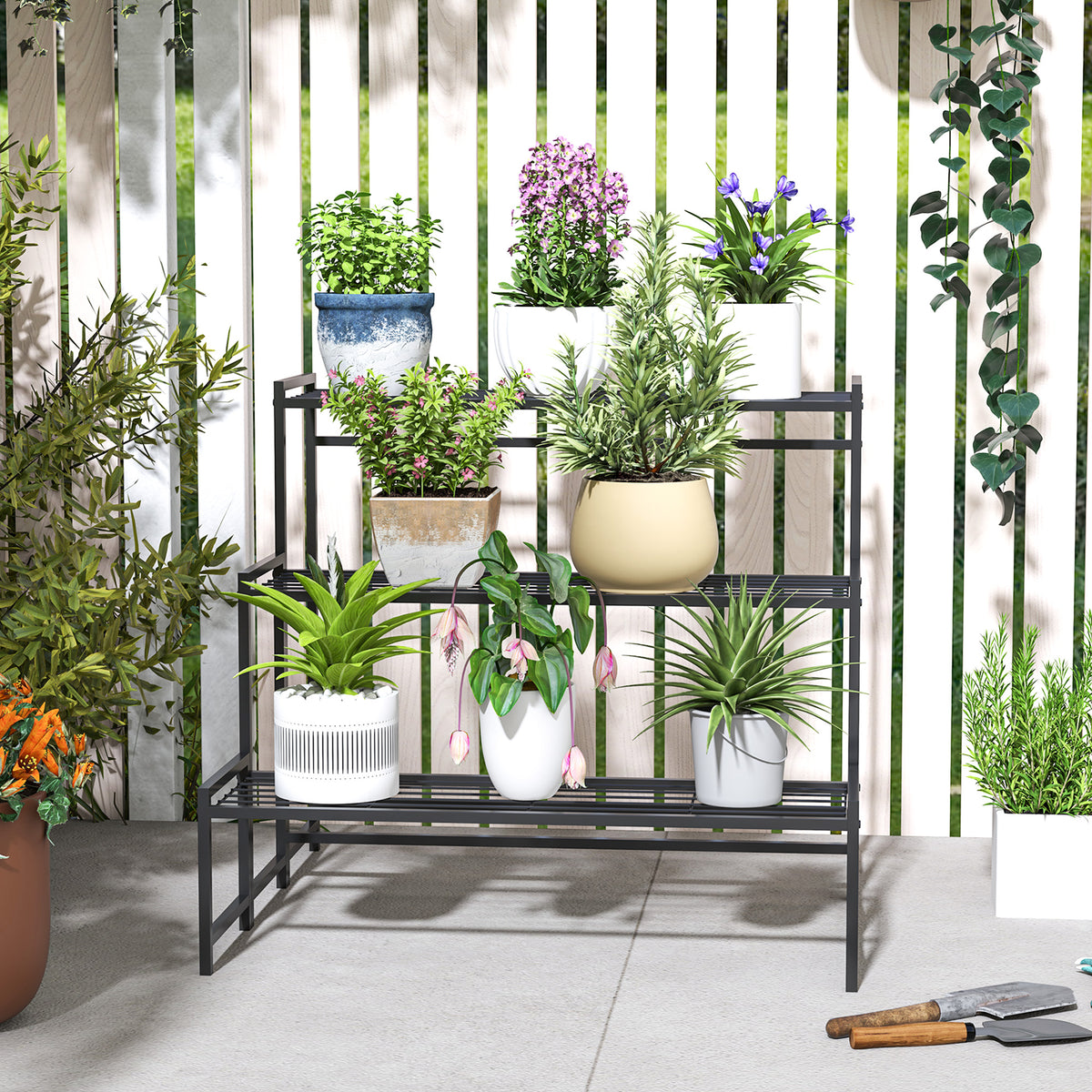 Outsunny Three-Tier Metal Plant Shelf - Black