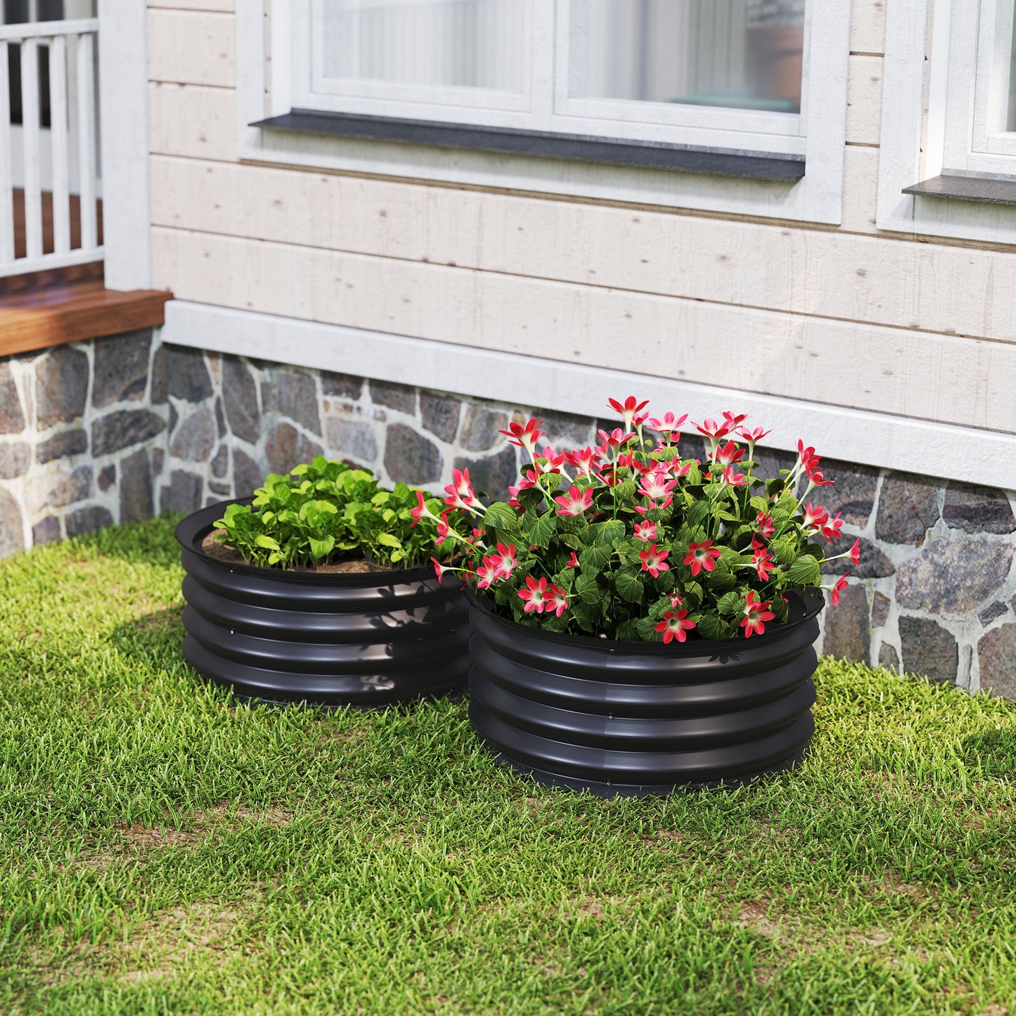 Outsunny Set of 2 Raised Garden Bed, Metal Planter Box with Safety Edging, Easy-to-assemble Stock Tank, Dark Grey