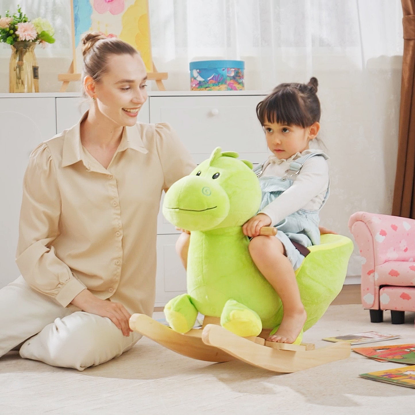 HOMCOM Kids Rocking Horse, Plush Ride-On Dinosaur Seat, with Seat Seat Belt, 32 Songs, Ride-On Horse