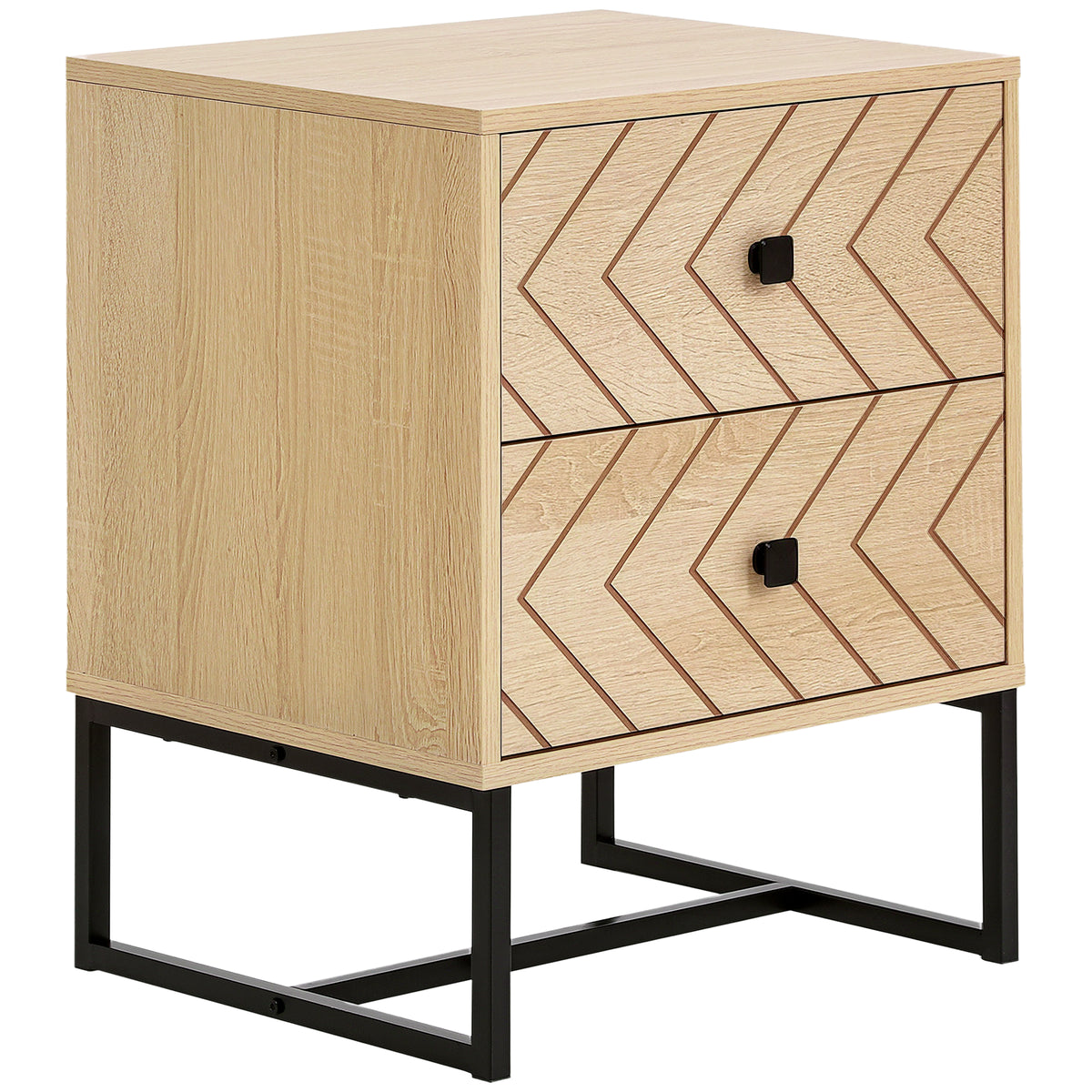 HOMCOM natural wood nightstand with two zigzag-patterned drawers, black handles, and metal legs