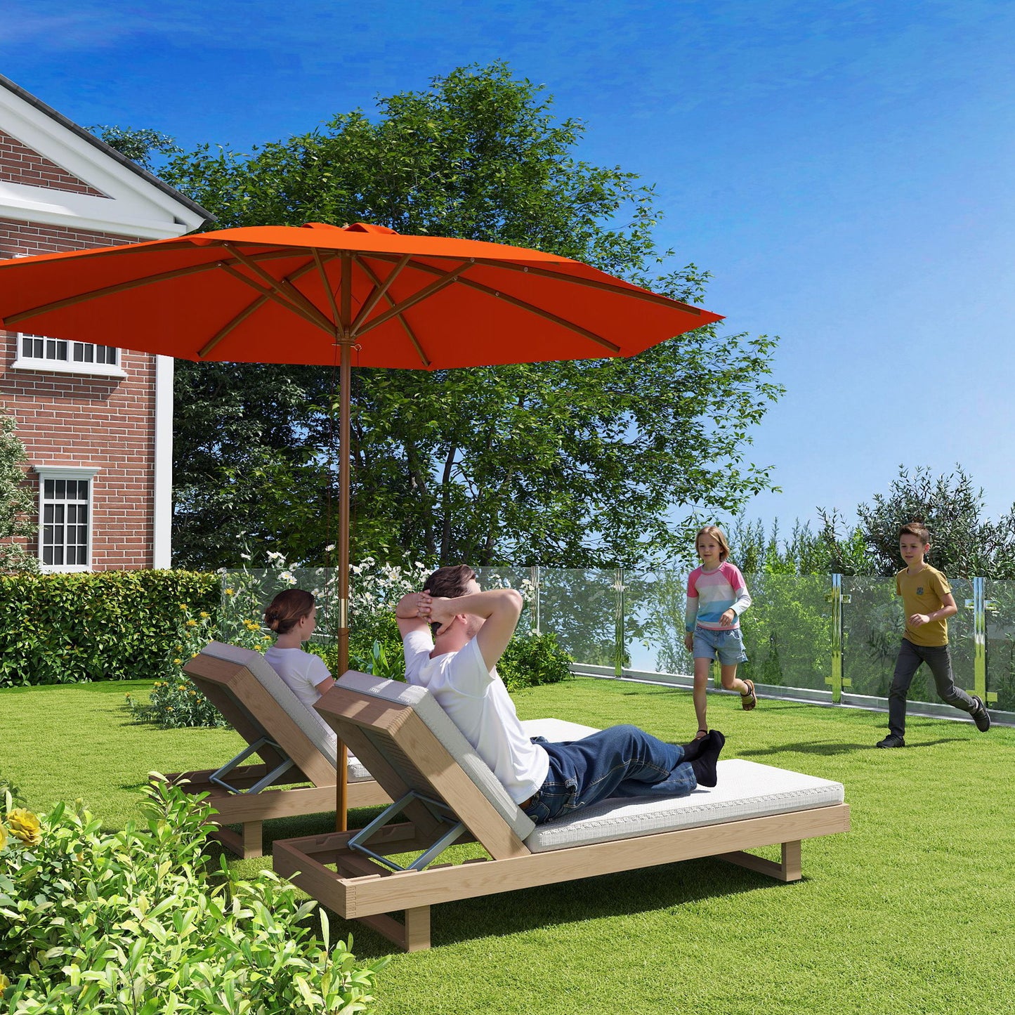 Outsunny 3m Wood Pole Parasol Umbrella - Orange