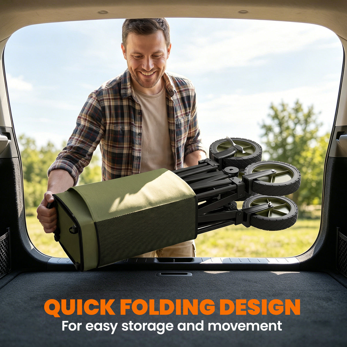 Folded green wagon with wheels tucked in for compact storage