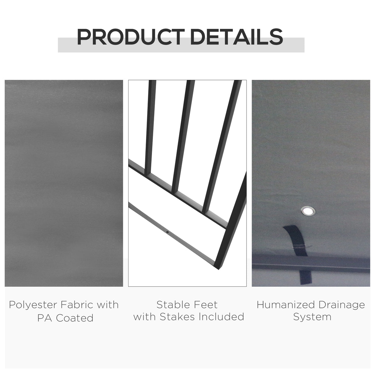 Gazebo details showing coated canopy fabric, stable feet, and a drainage eyelet