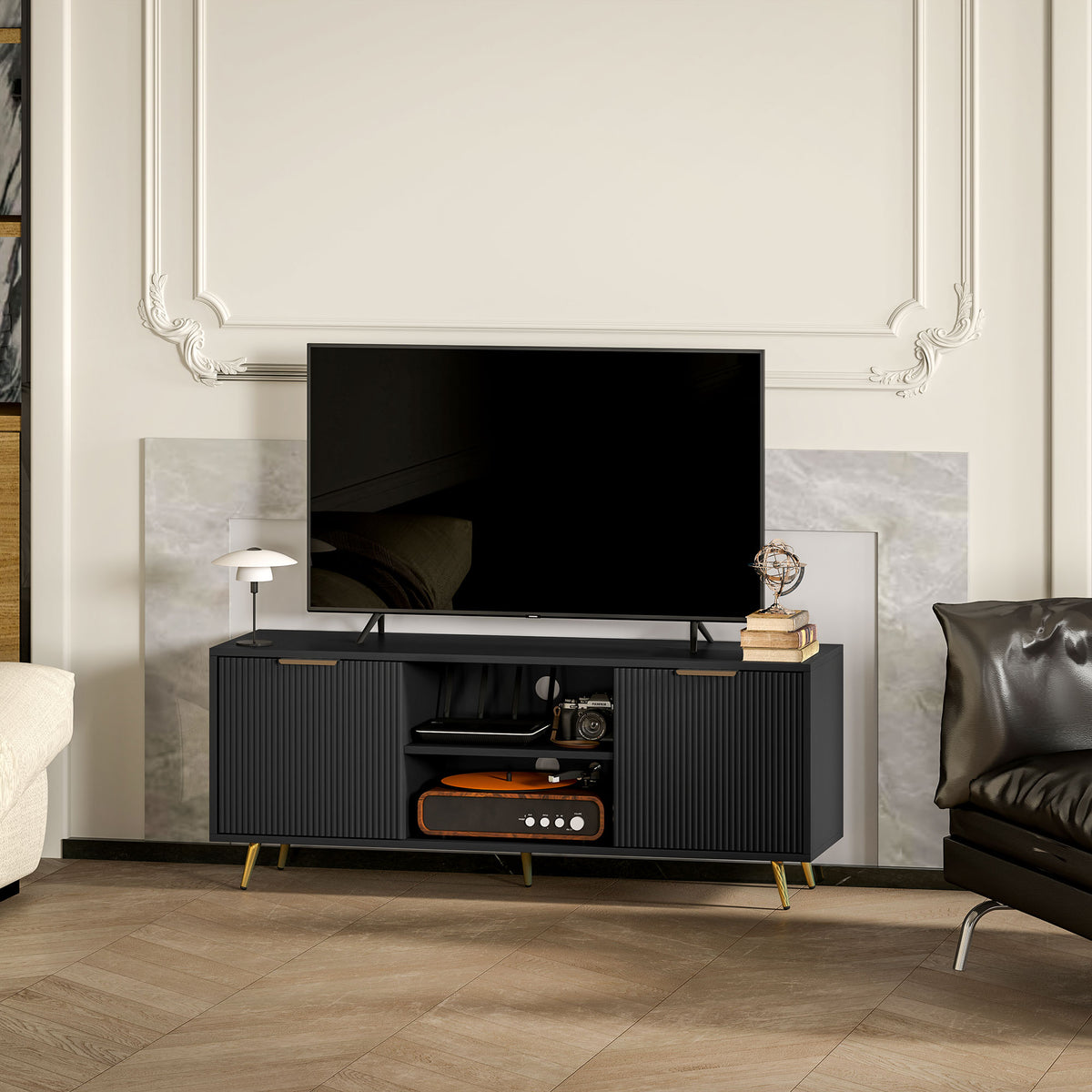 HOMCOM black TV stand with fluted doors, open center shelves, and gold-tone legs