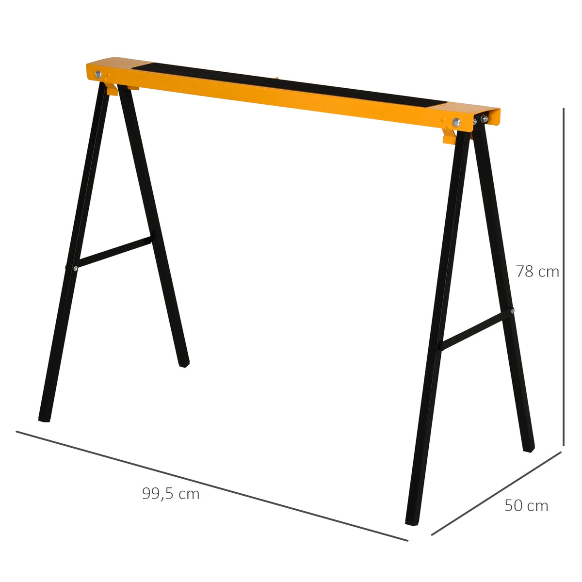 HOMCOM folding metal sawhorse with orange top, black non-slip surface and size labels