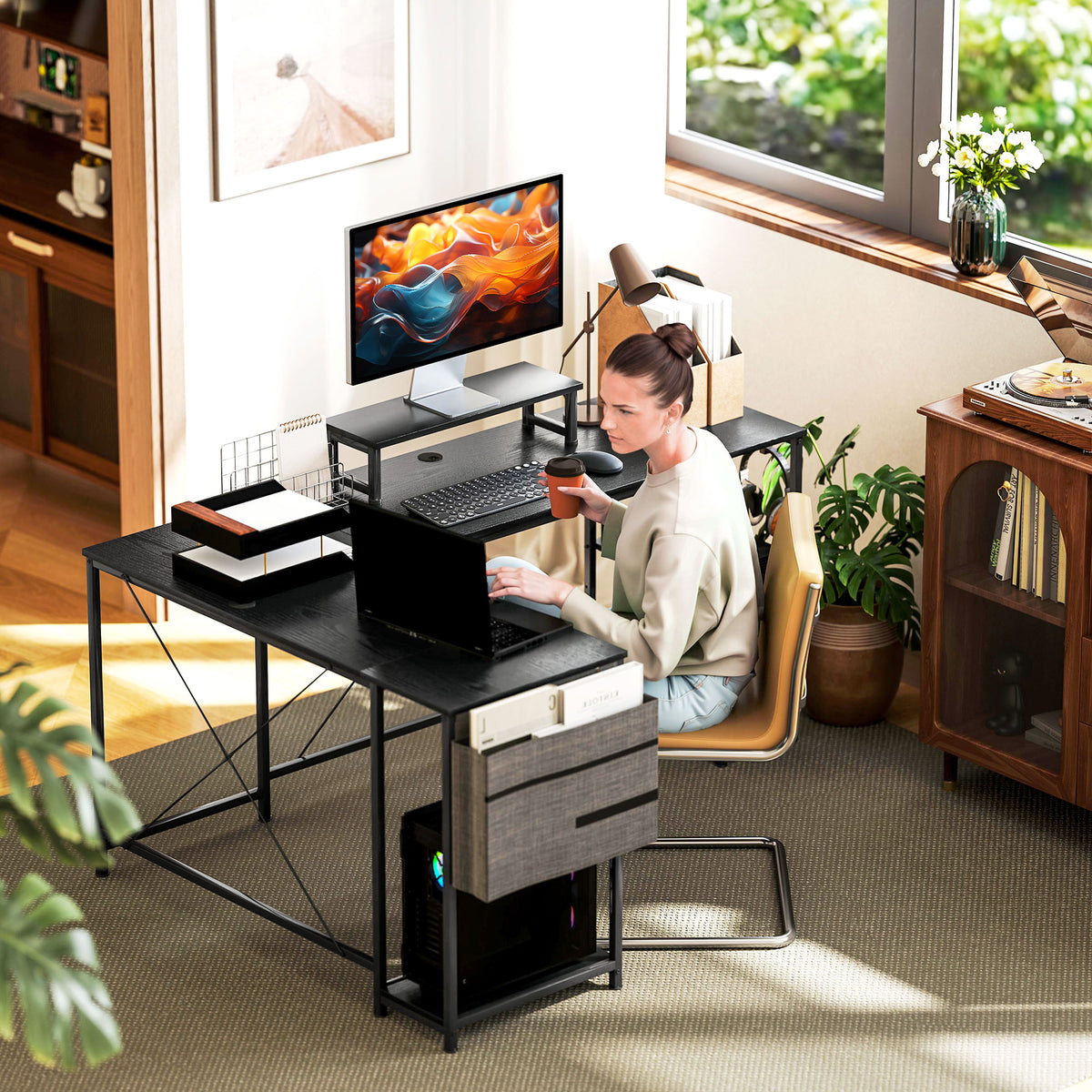 HOMCOM 168cm Reversible L Shaped Desk, Industrial Corner Computer Desk with Adjustable Shelf and Storage Bag, 240cm 2 Person PC Table with Monitor Stand, Black