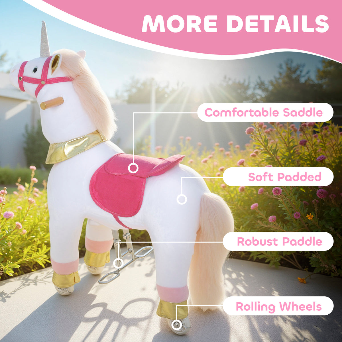 AIYAPLAY Kids Rocking Horse, Plush Walking Horse with Wheels, Ride On Unicorn Toy for Ages 3-5 Years Old, White