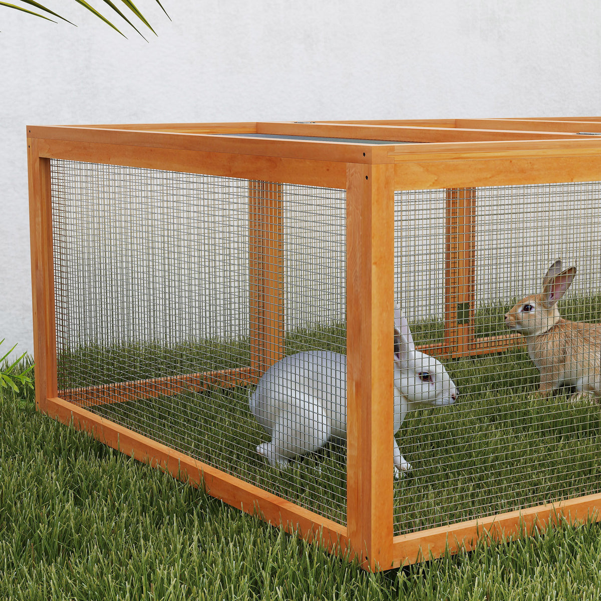 PawHut wooden rabbit run with wire mesh sides, shown housing two rabbits