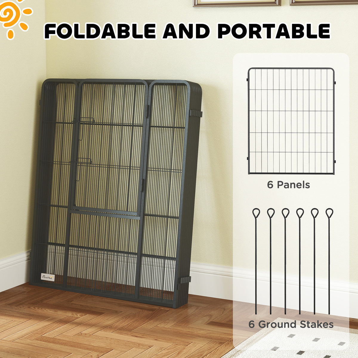 PawHut black six-panel dog playpen folded for storage with six ground stakes