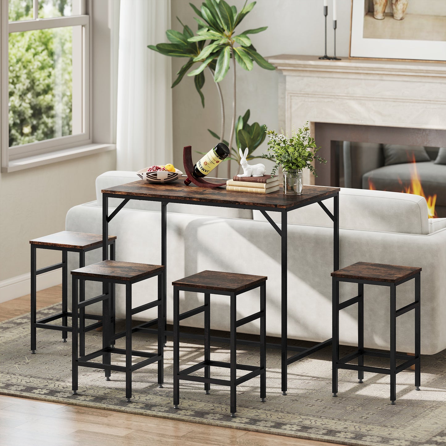 HOMCOM 5-Piece Breakfast Bar Table and Stools Set, Kitchen Bar Table Set with High Table and 4 Stools, Space Saving Compact Dining Furniture for Small Spaces, Rustic Brown