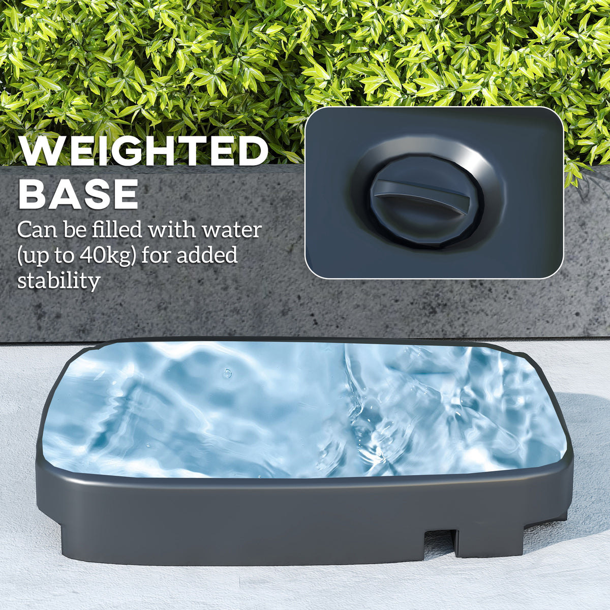 Fillable weighted base for a cantilever patio umbrella, with water and fill cap