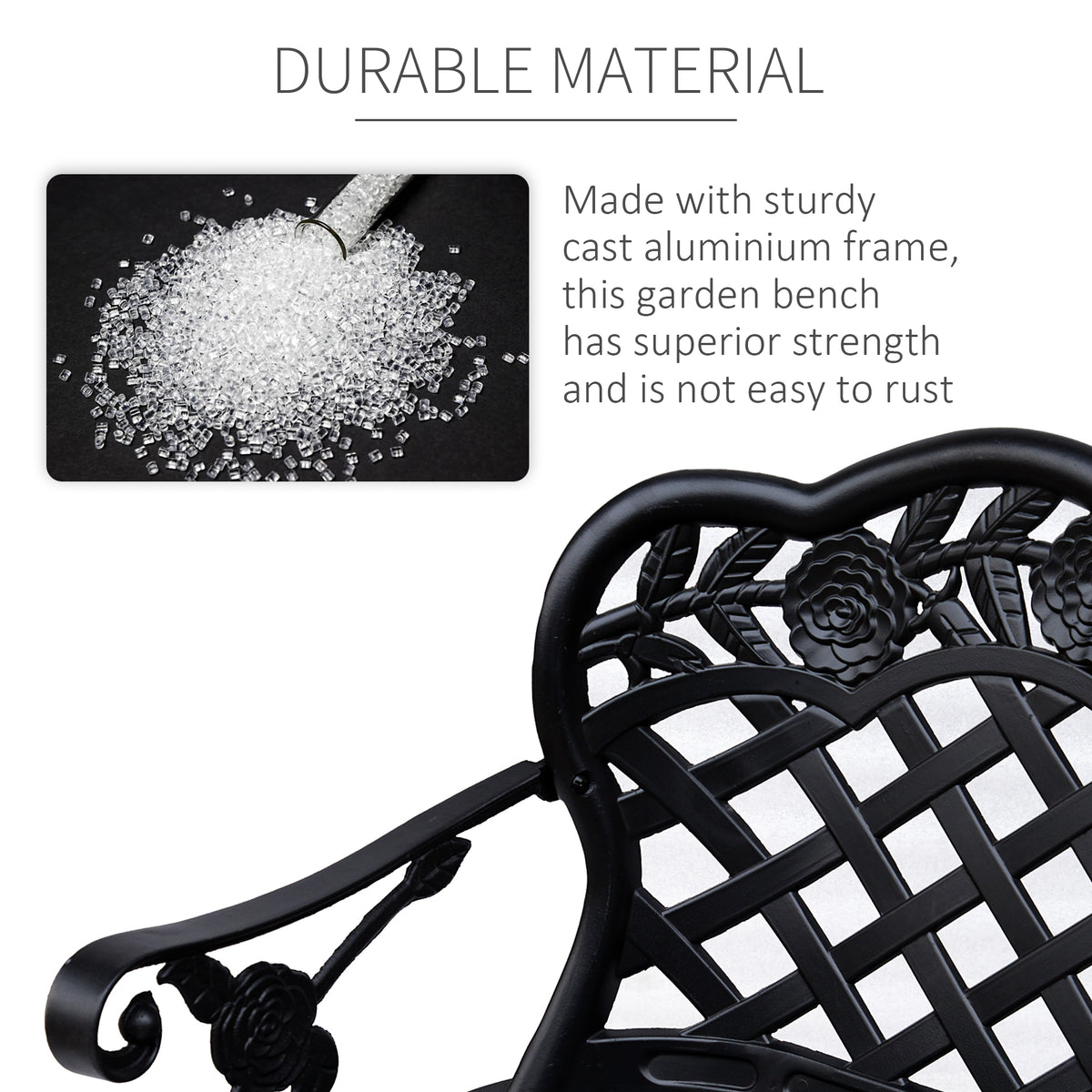 Close-up of the black cast aluminum bench frame, curved arm, and floral lattice back
