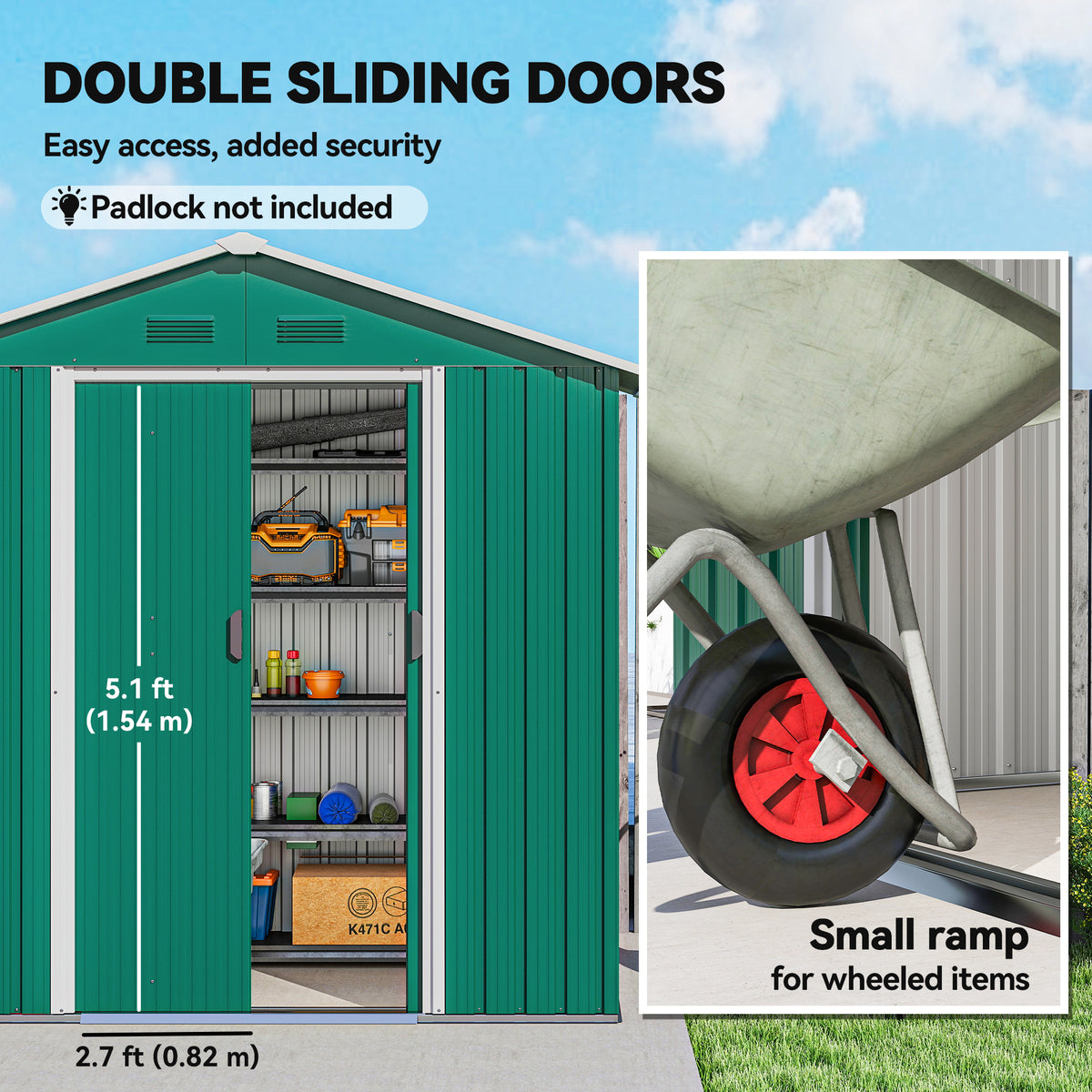 Green metal storage shed with sliding doors open, shelves, and a low wheeled-item ramp