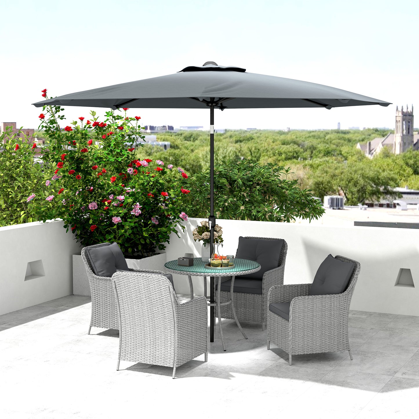 Outsunny 4 Seater Rattan Dining Set with Parasol & Cushions - Light Grey