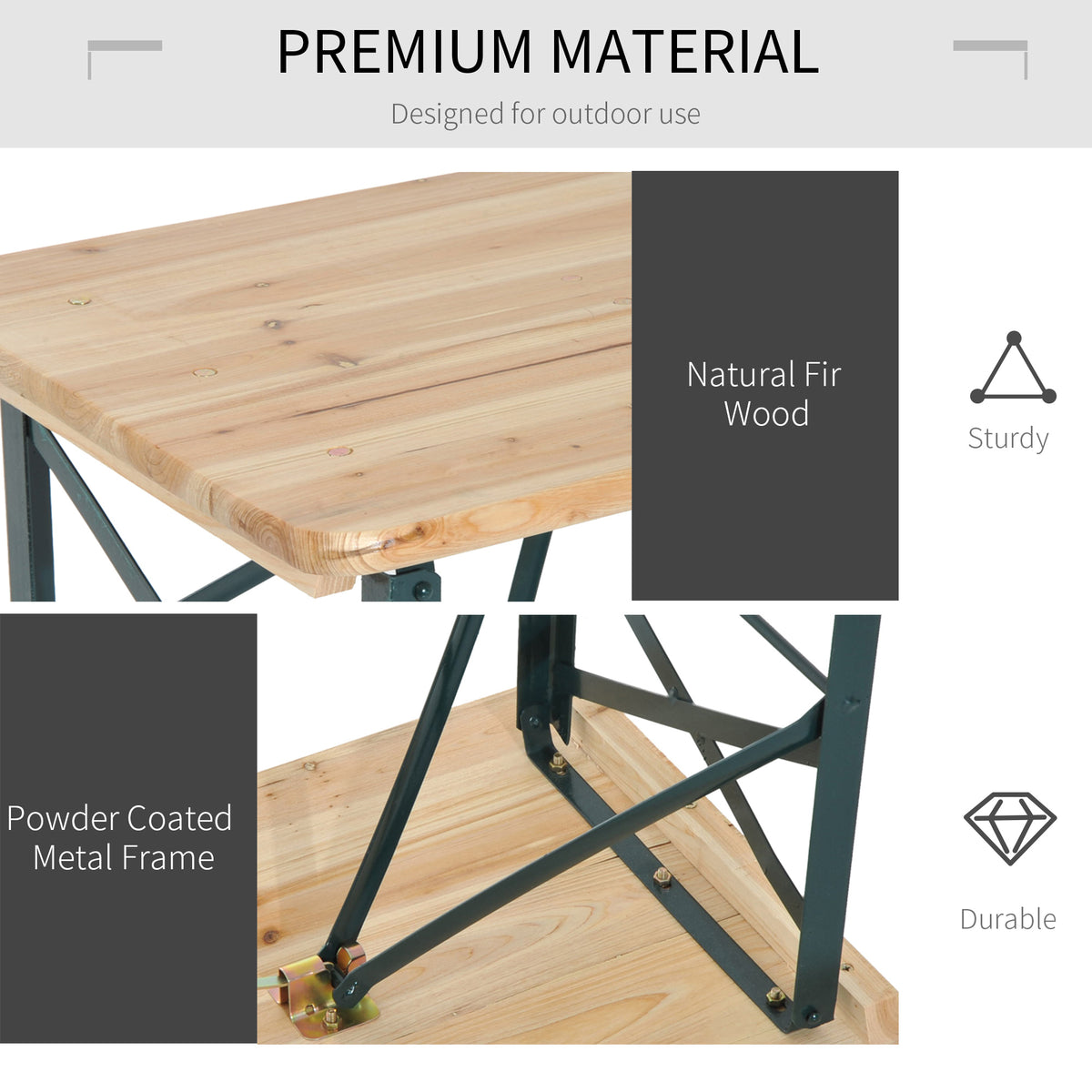 Close-up of natural fir wood tabletop and powder-coated metal folding frame