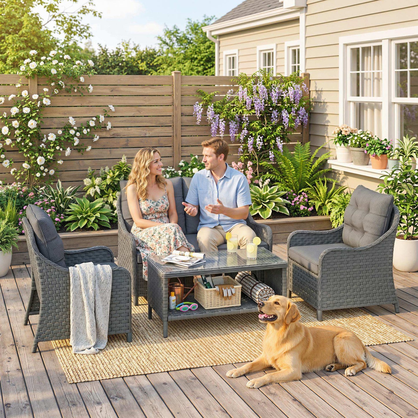 Outsunny 4-Piece Wicker Patio Furniture Set with 2 Armchairs, Loveseat, Glass Coffee Table, Conversation Sofa Set, Dark Grey