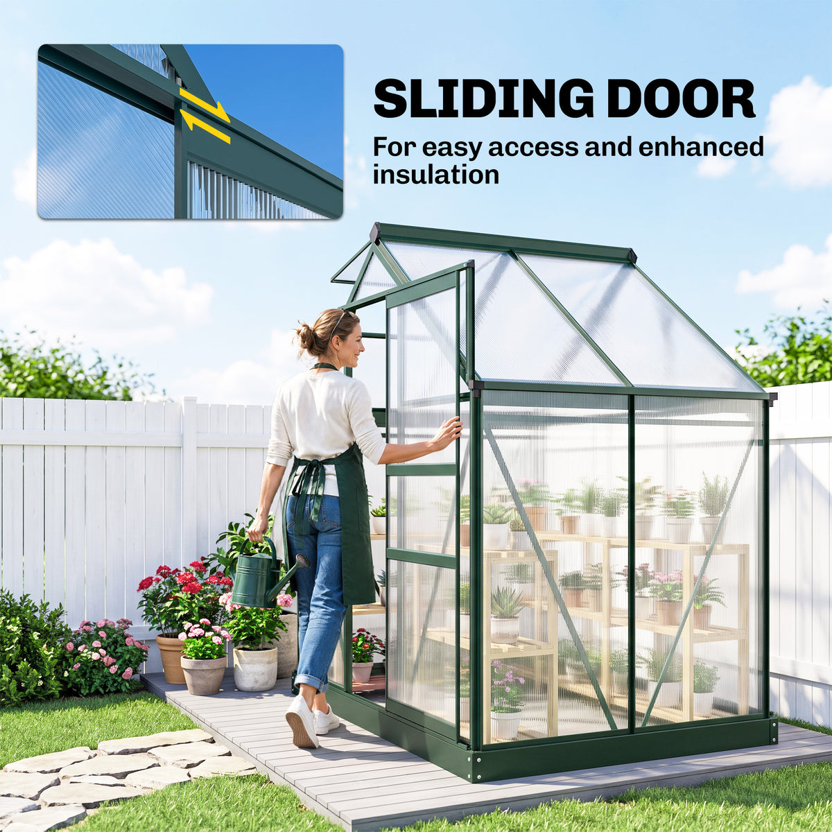 Outsunny greenhouse with its sliding door open