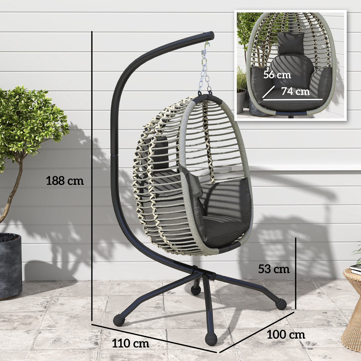 Outsunny hanging egg chair with metal stand and woven basket; dimensions shown