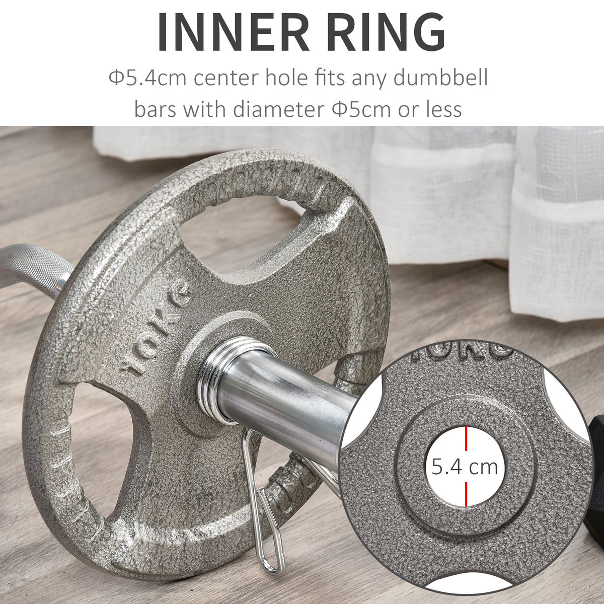 HOMCOM cast iron weight plate mounted on a bar, with a 5.4 cm center hole