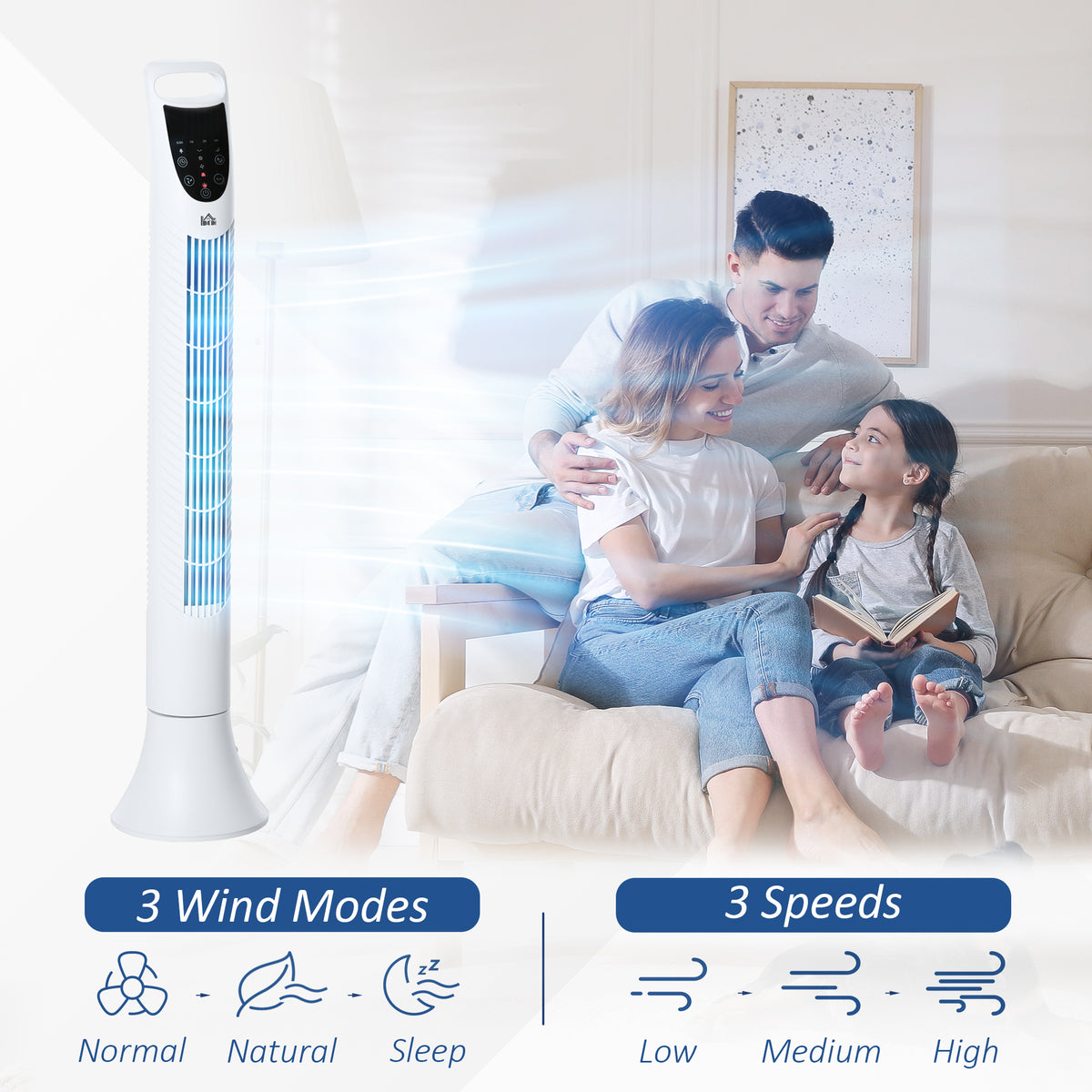 White HOMCOM tower fan with three wind modes and three speed settings