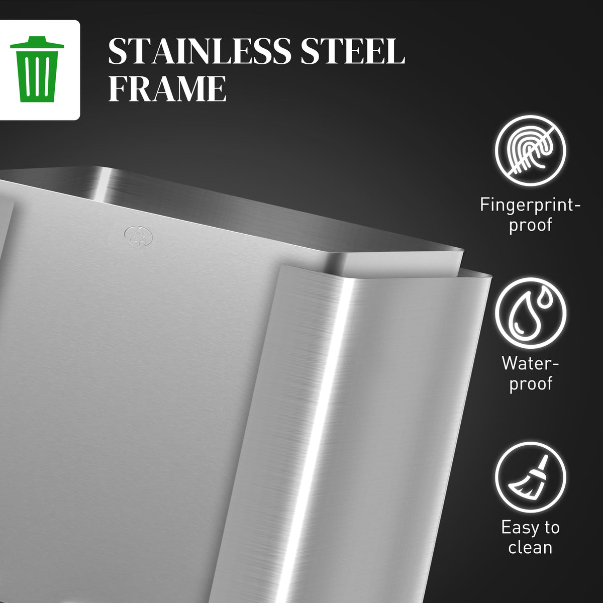 HOMCOM 30L Dual Compartment Stainless Steel Bin, with Deodoriser Holders - Silver Tone