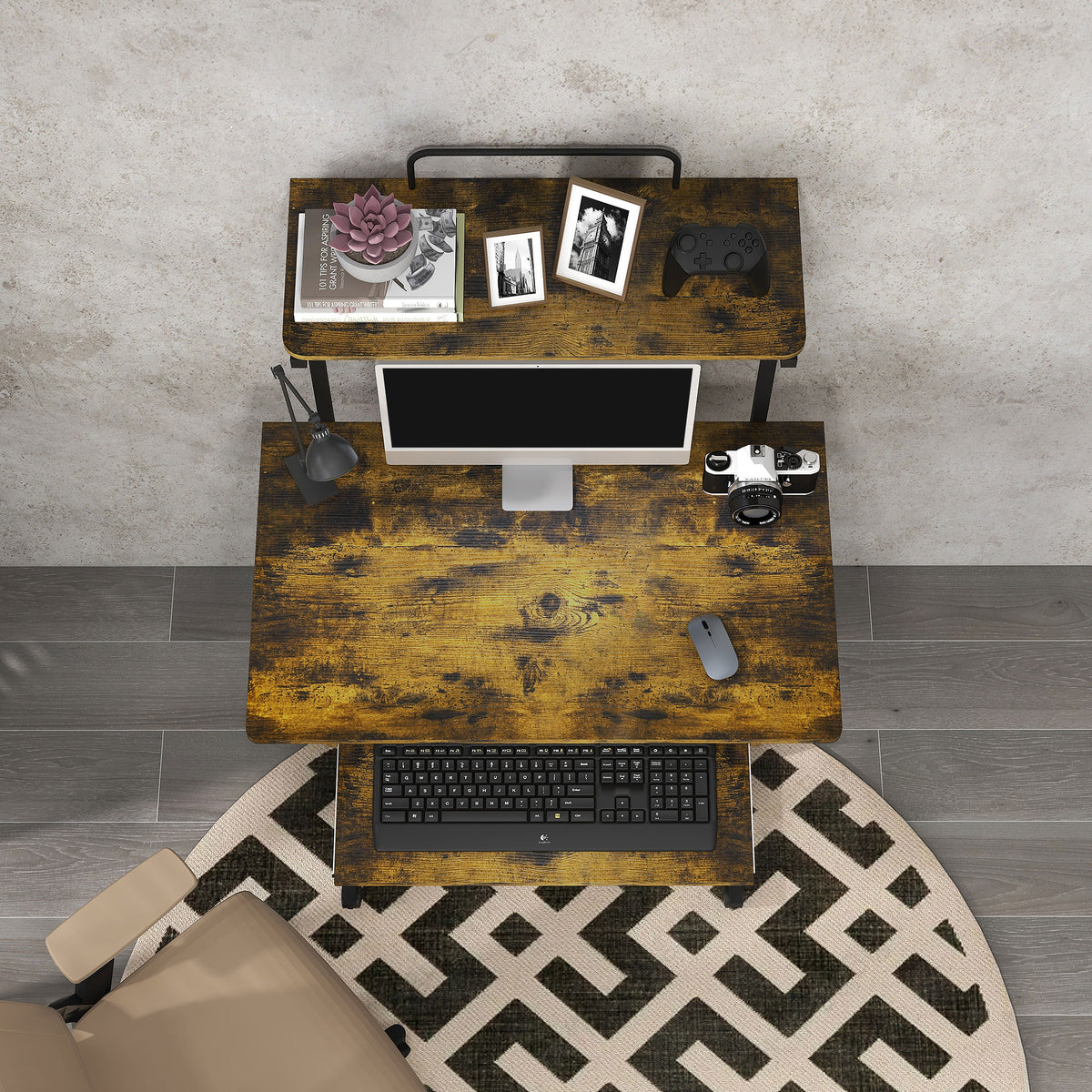 HOMCOM work desk viewed from above, showing its wide top and sliding keyboard tray