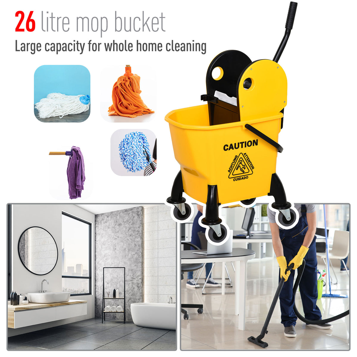 Yellow wheeled mop bucket with wringer, shown with mop types and cleaning scenes.