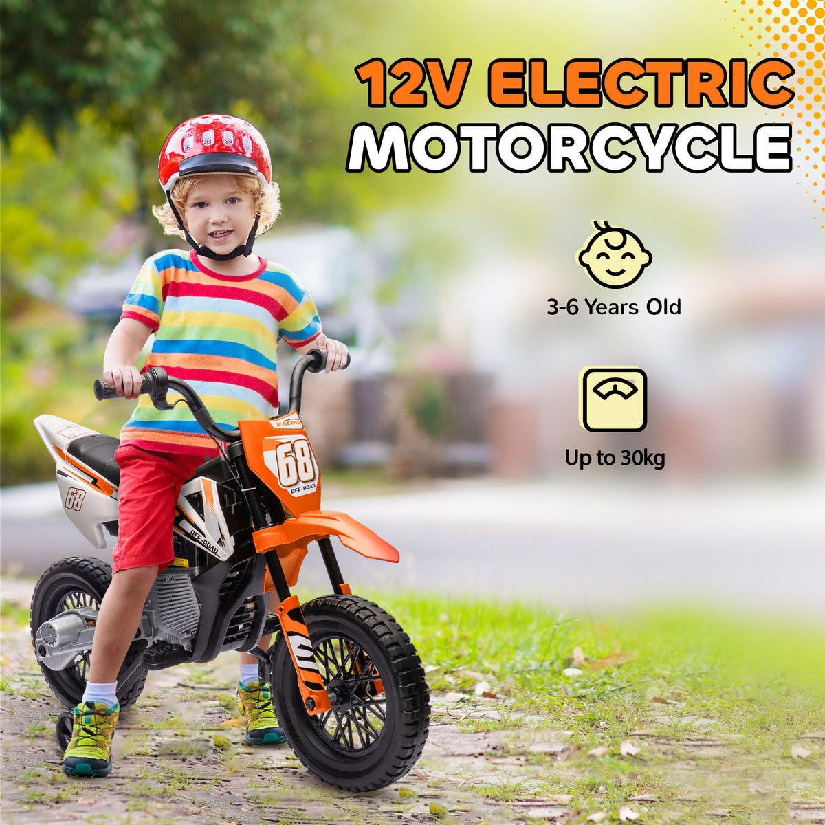 Orange kids' electric motorcycle ridden by a child