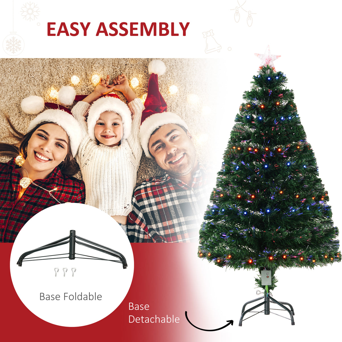 Pre-lit artificial Christmas tree with green branches, multicolored lights, and detachable foldable base