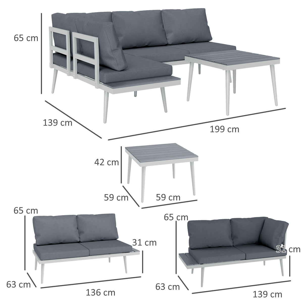 Gray garden furniture set with dimension labels for the sofa, loungers and table