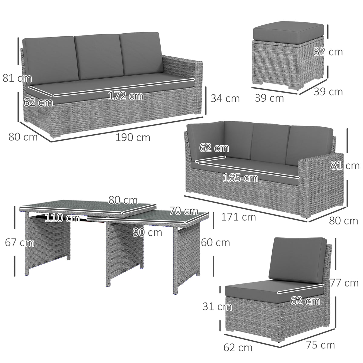 Rattan sofa set component dimensions, including sofas, table, chair and stool