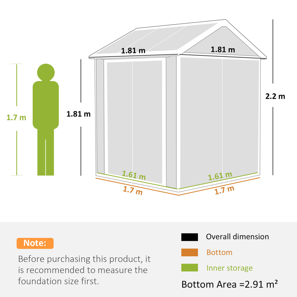 Garden shed dimension diagram showing 1.81 m width and depth, and 2.2 m height