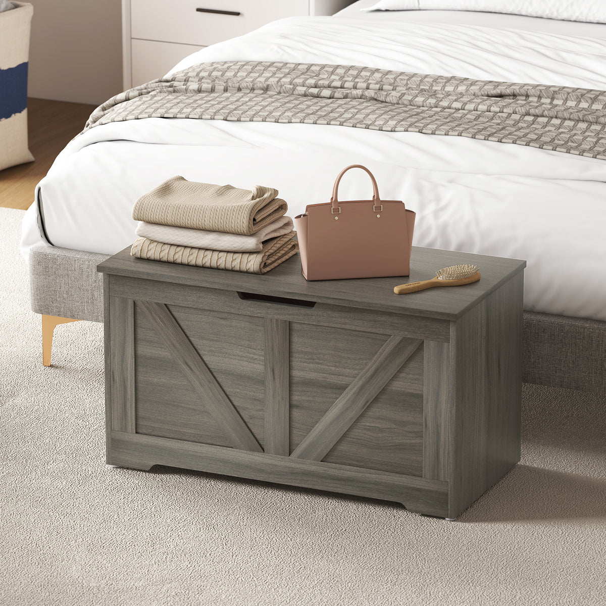 HOMCOM 100L Home Storage Box, with Safety Hinges - Charcoal Grey