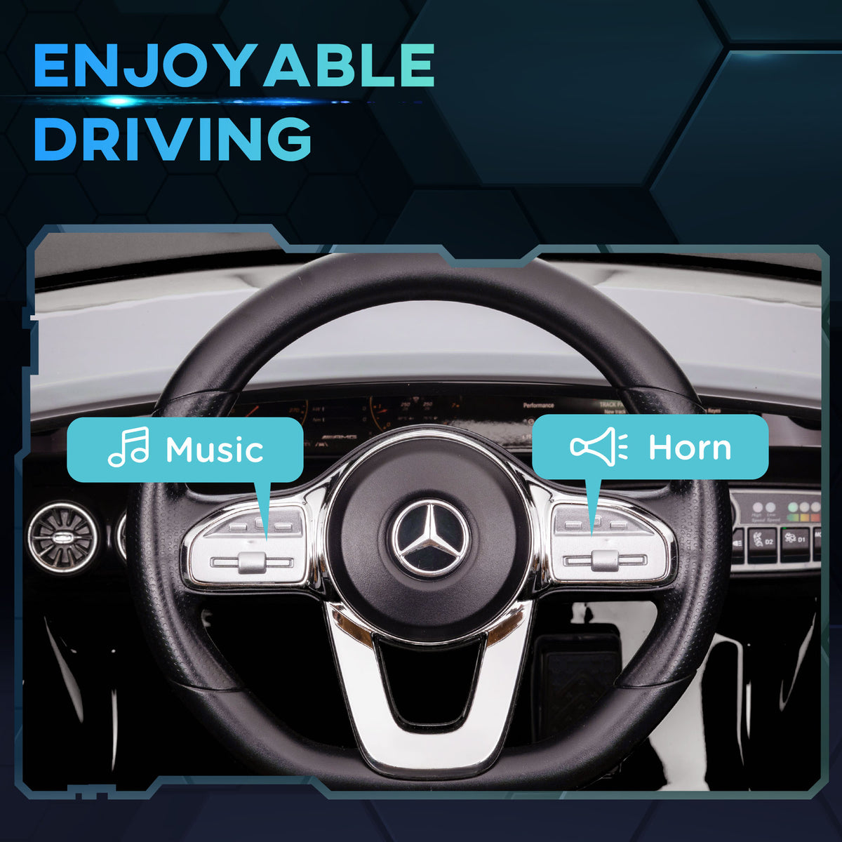 Ride-on car steering wheel with music and horn controls