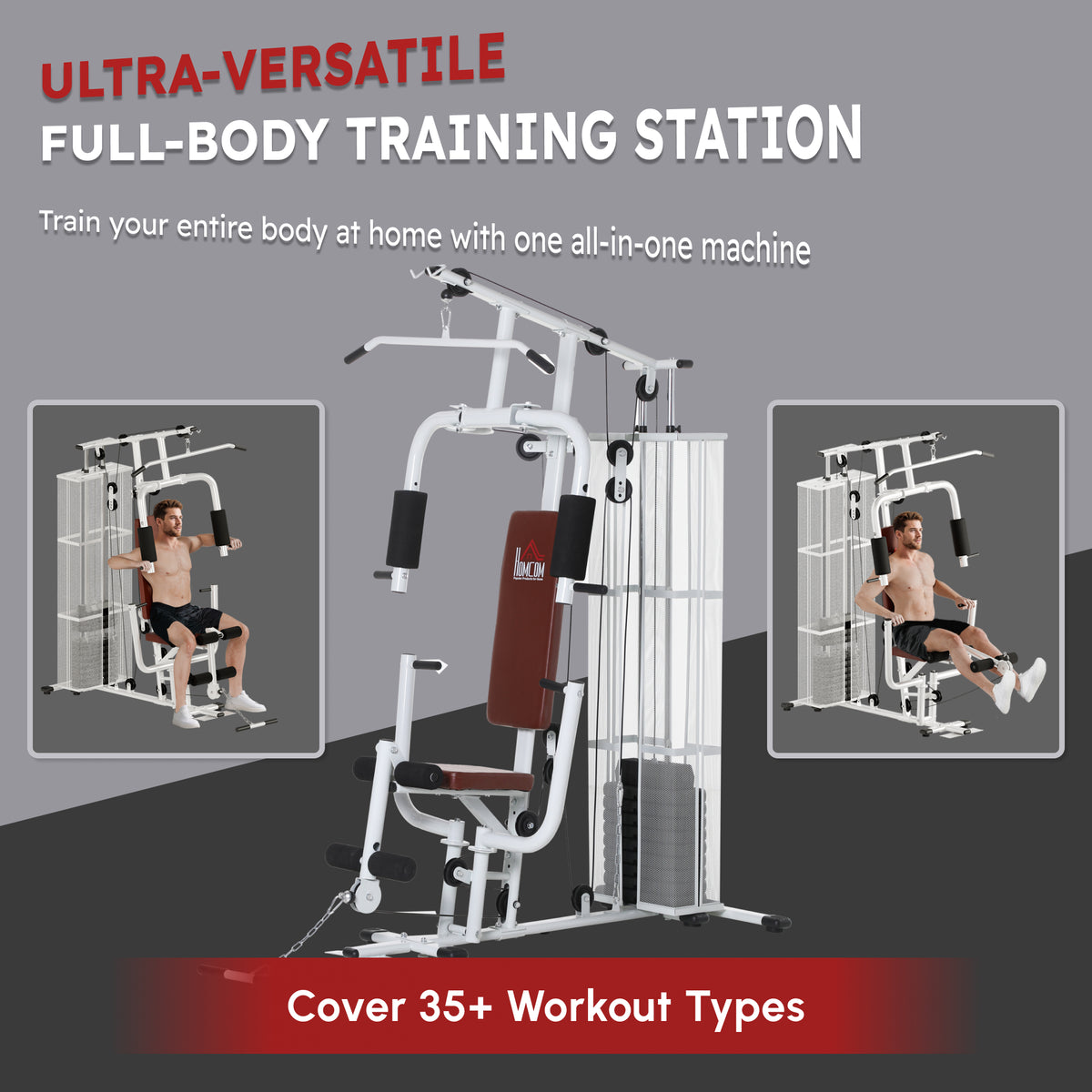 Multifunction home gym with chest press, leg extension and cable stations