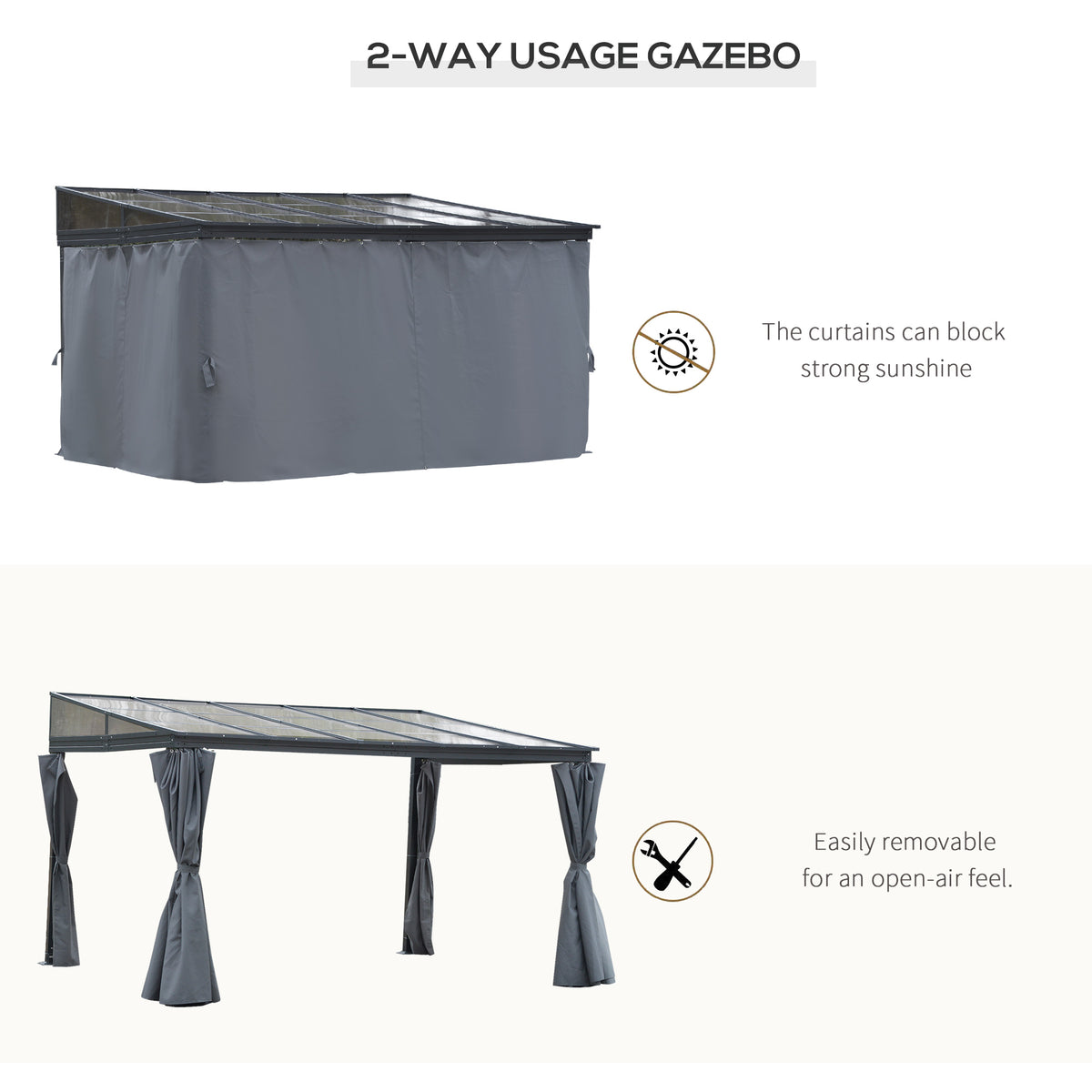 Outsunny gazebo shown with curtains closed and tied back