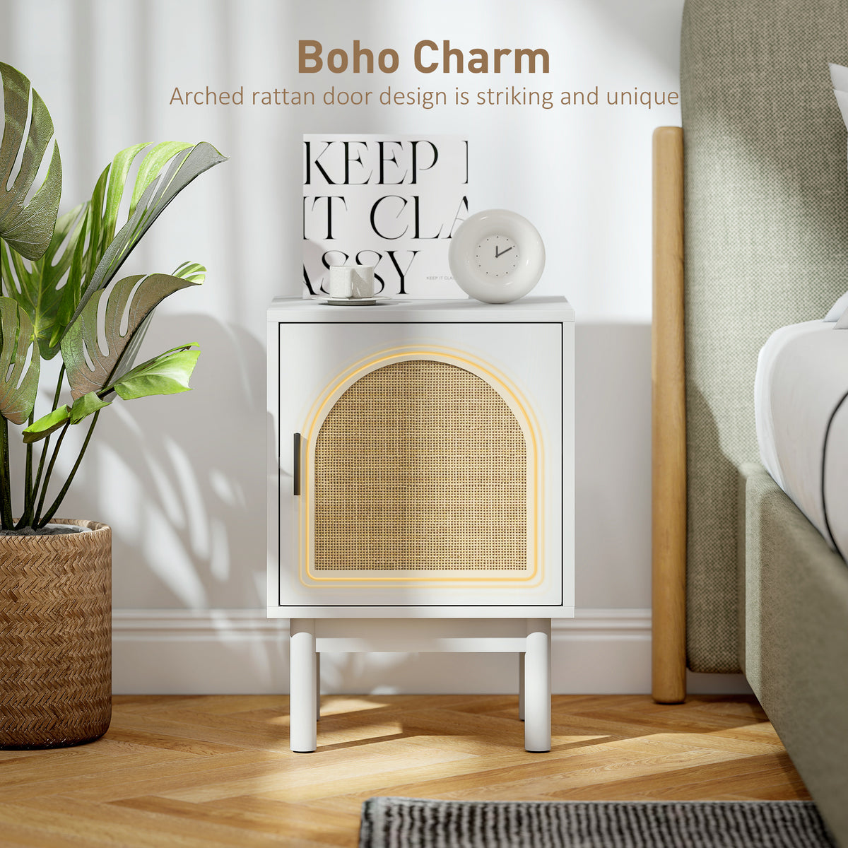 White bedside table with an arched rattan door and black handle