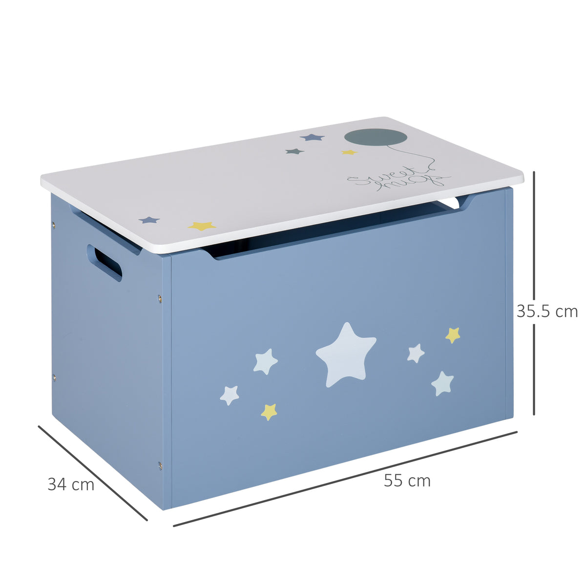 Blue toy chest with star decals, white lid, and dimensions of 55 by 34 by 35.5 cm