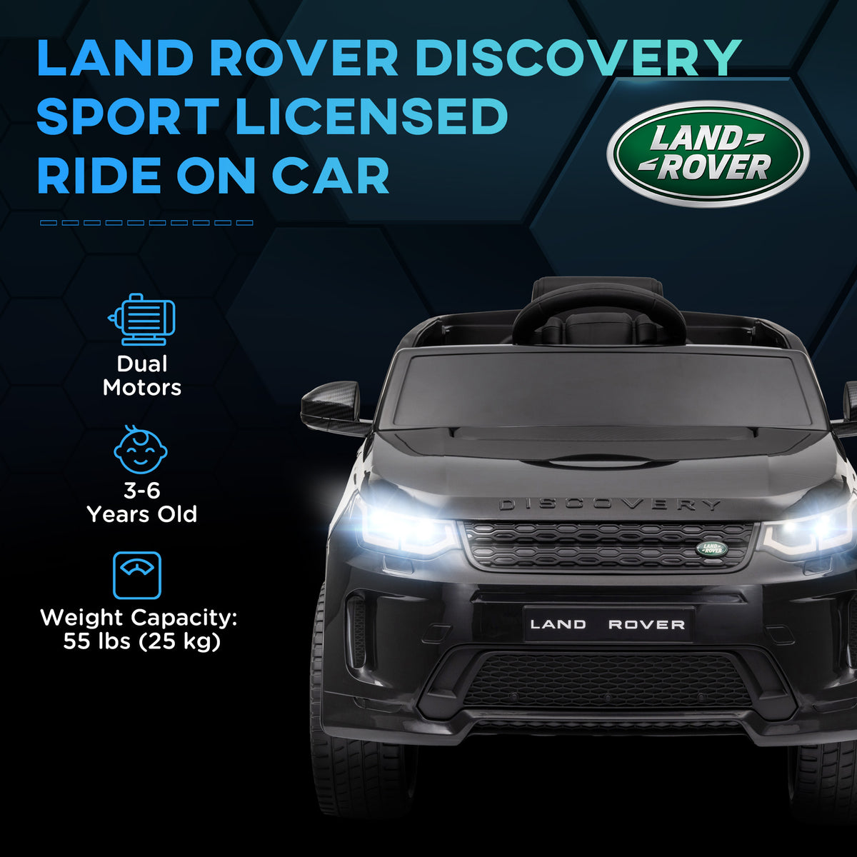 Front view of black AIYAPLAY Land Rover Discovery Sport ride-on car with illuminated headlights