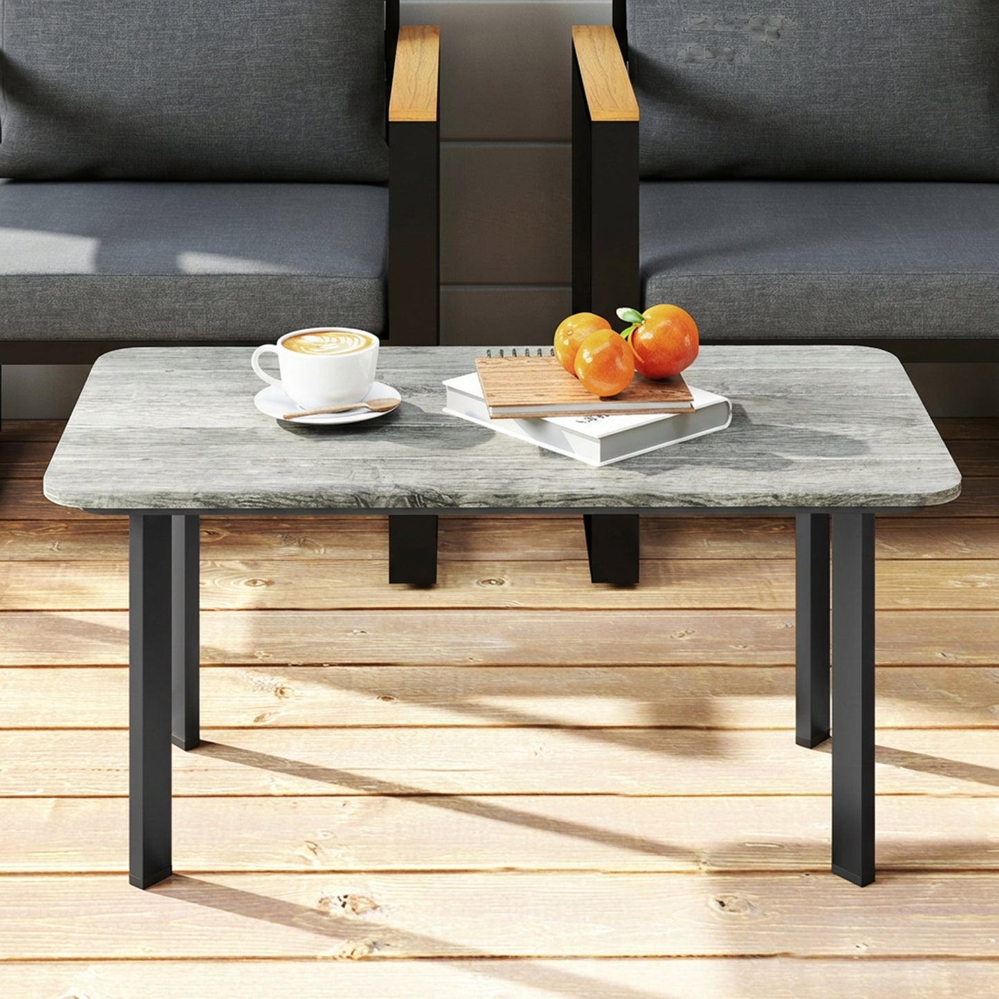 Outsunny Outdoor Garden Coffee Table, Garden Table with Slatted Wood Plastic Composite Top and Metal Frame, Grey