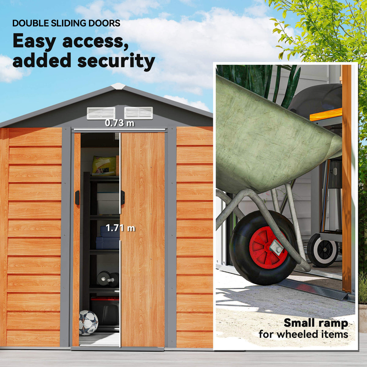 Outsunny garden shed with double sliding doors open and a small entry ramp