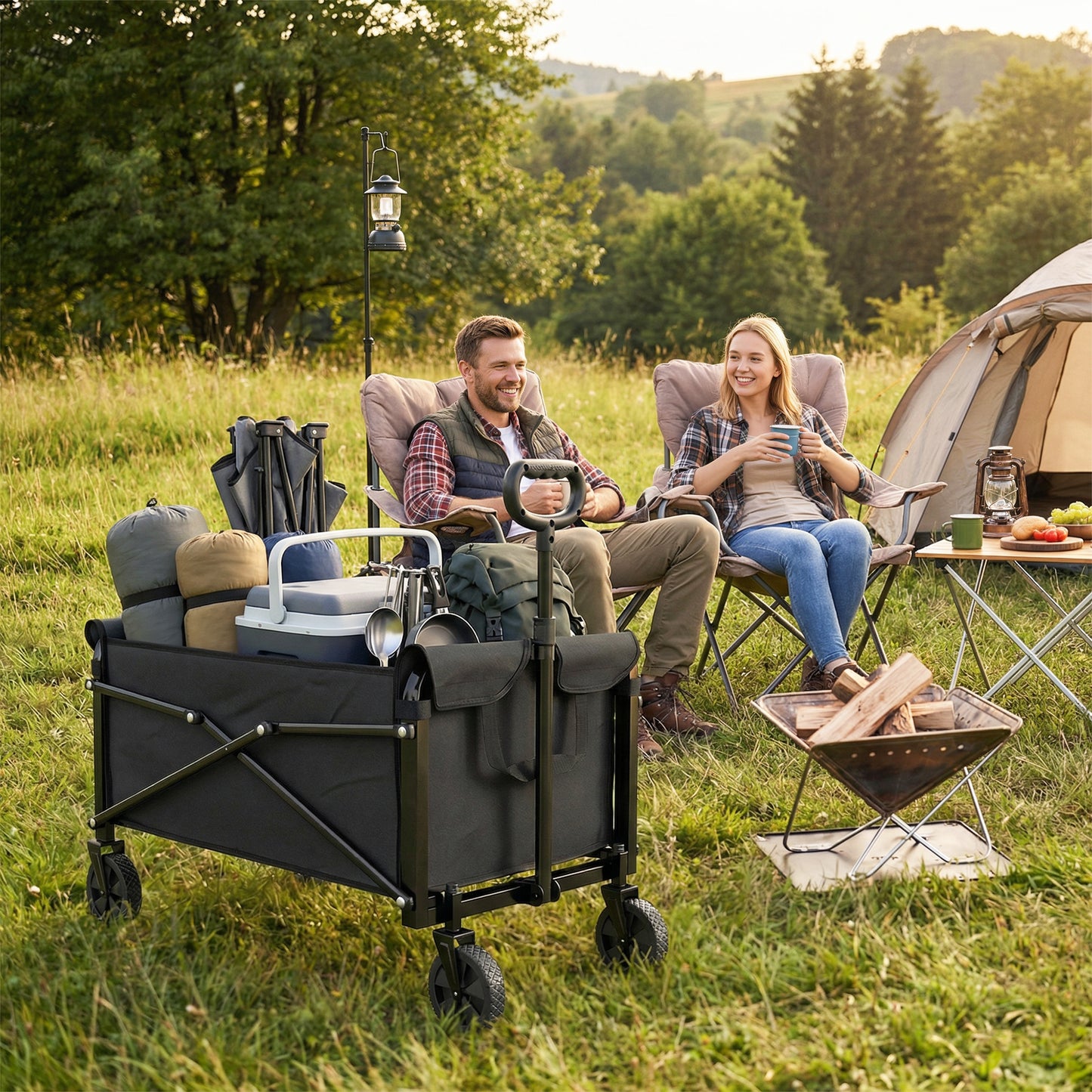 Outsunny 81L Festival Trolley on Wheels, Compact Garden Folding Trolley Cart with Adjustable Handle 80L Black