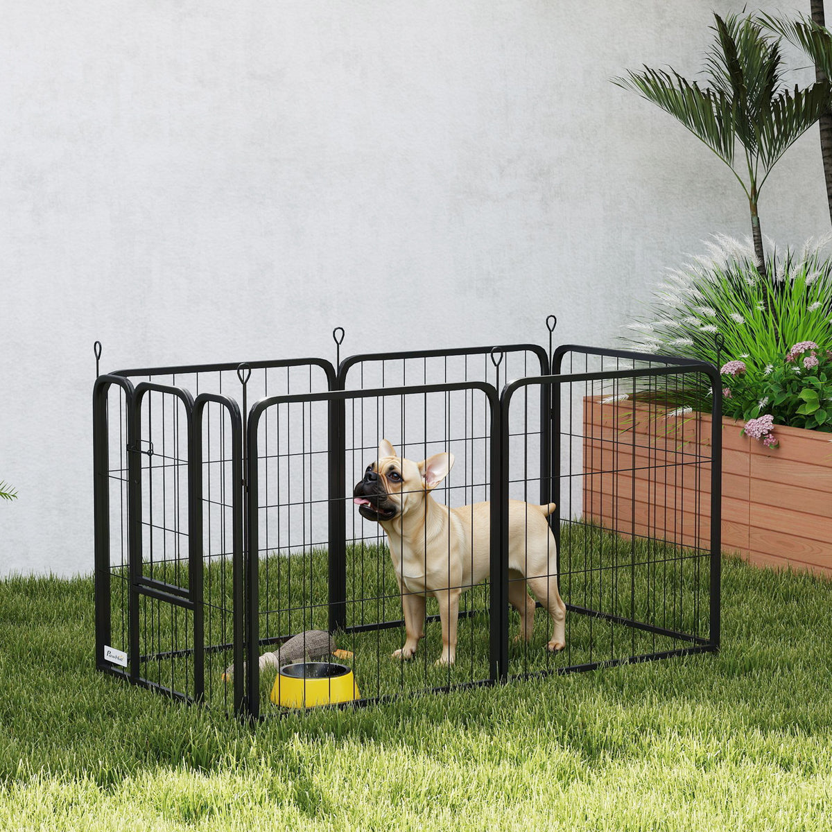 PawHut black dog playpen set up outdoors with a dog inside