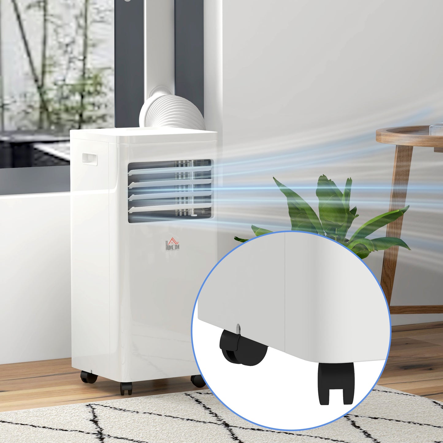 HOMCOM portable air conditioner with exhaust hose and close-up of caster wheels