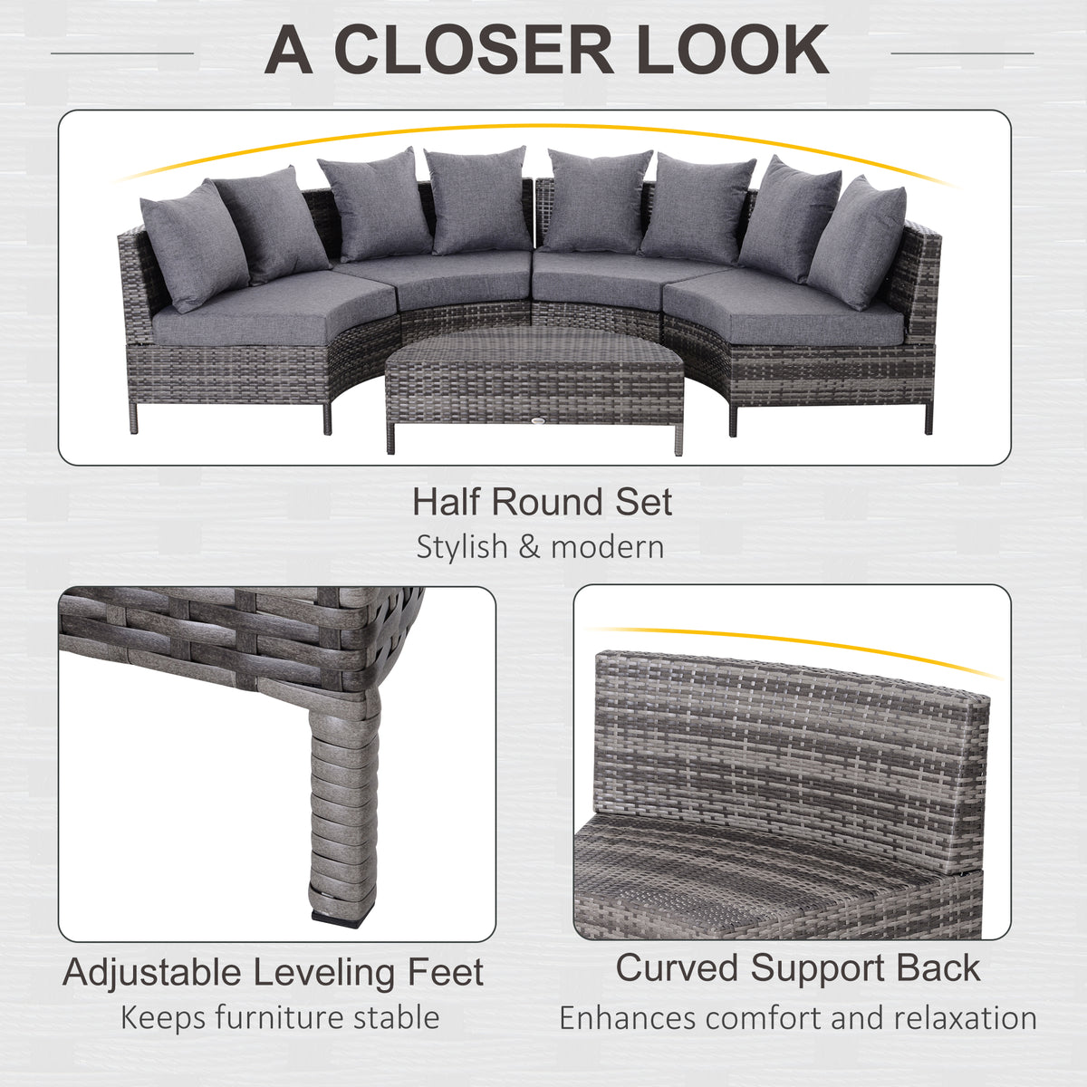 Half-round wicker sofa set with adjustable feet and curved woven back