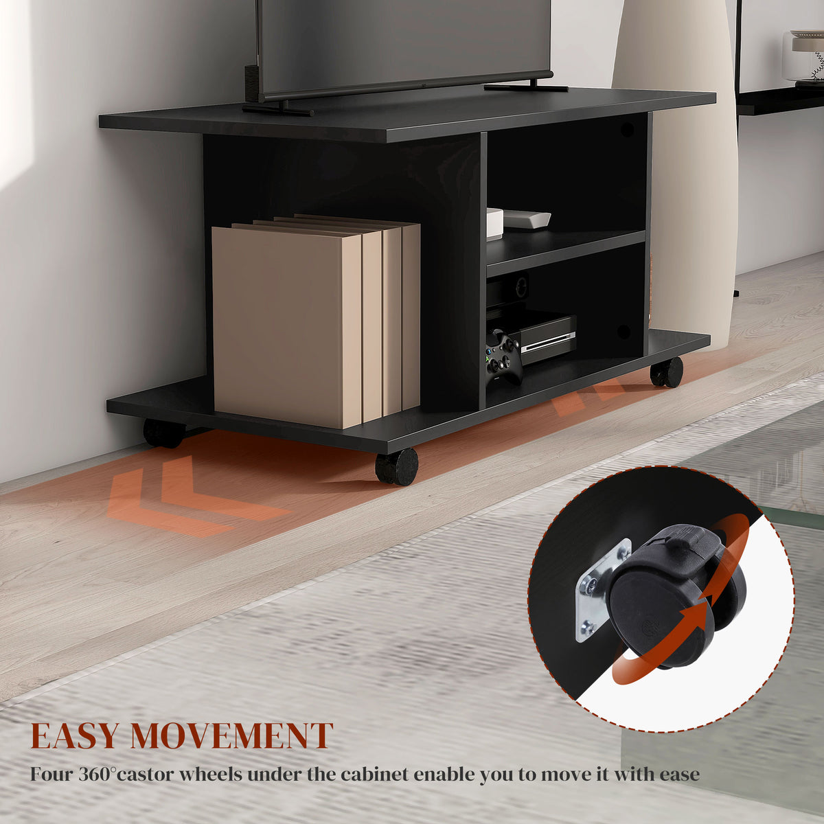 Black TV stand with open storage shelves and four swivel caster wheels
