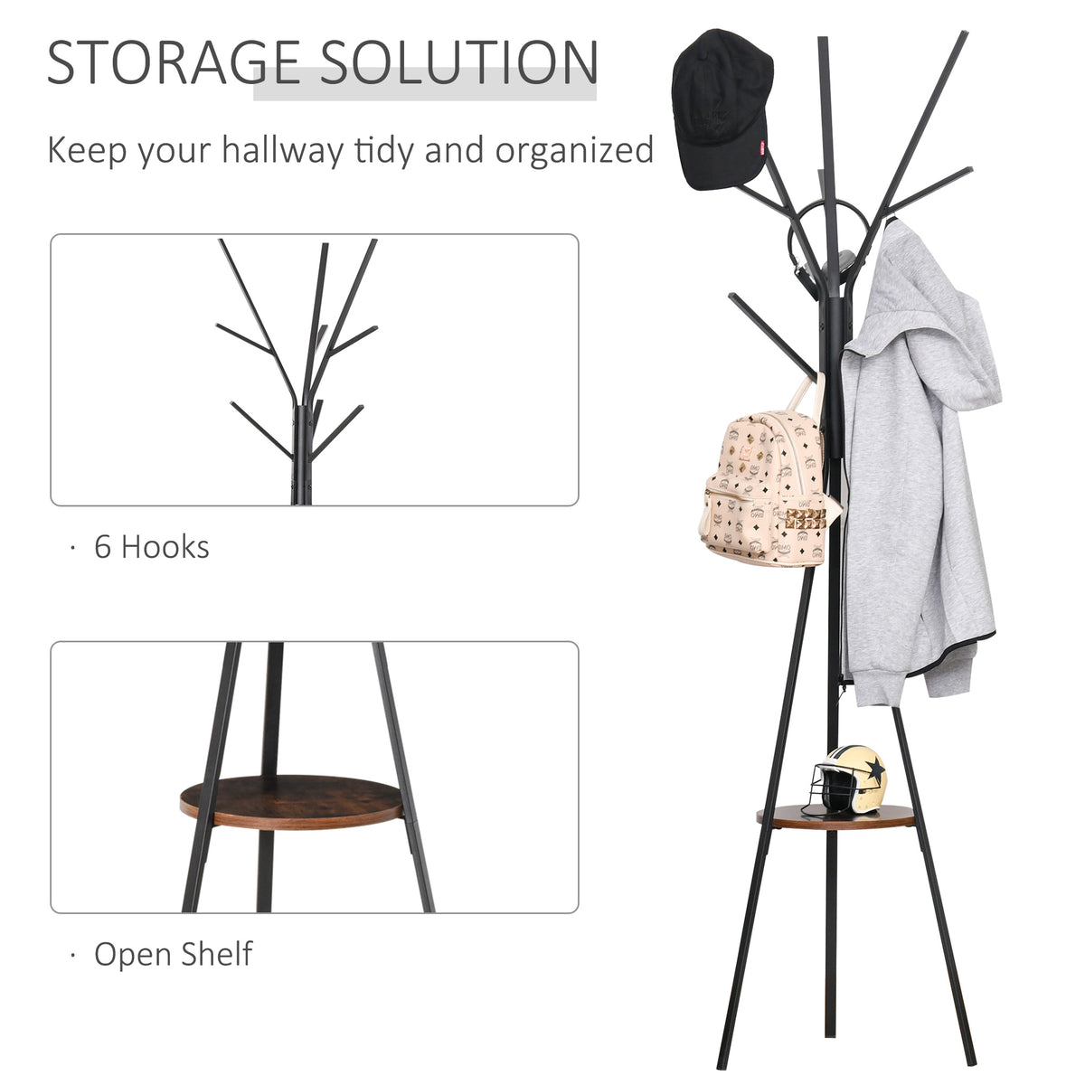 Metal coat rack with six hooks and an open shelf holding coats, a hat, and a bag